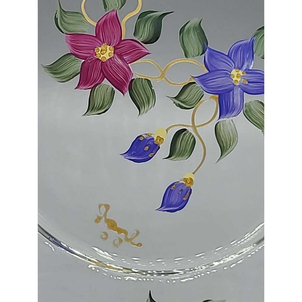 Art Glass Serving Dish Plate Signed Reverse Hand Painted Flowers Floral 9" - Picture 6 of 11
